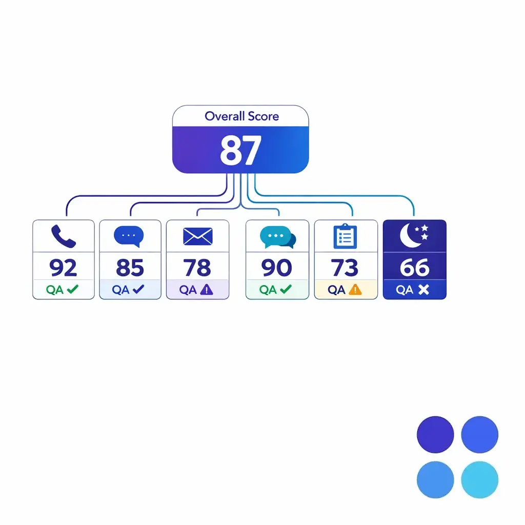 A branched diagram separates phone, chat, email, and after-hours results to avoid blended-score blind spots.
