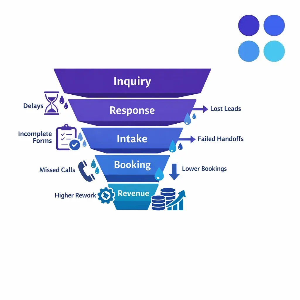 A blue operations funnel links service breakdowns directly to bookings, close rates, and revenue loss.