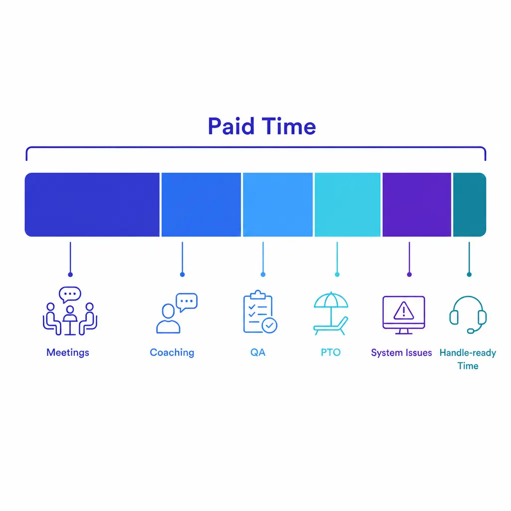 A paid time block breaks into meetings, coaching, PTO, and queue-ready time to reveal shrinkage.