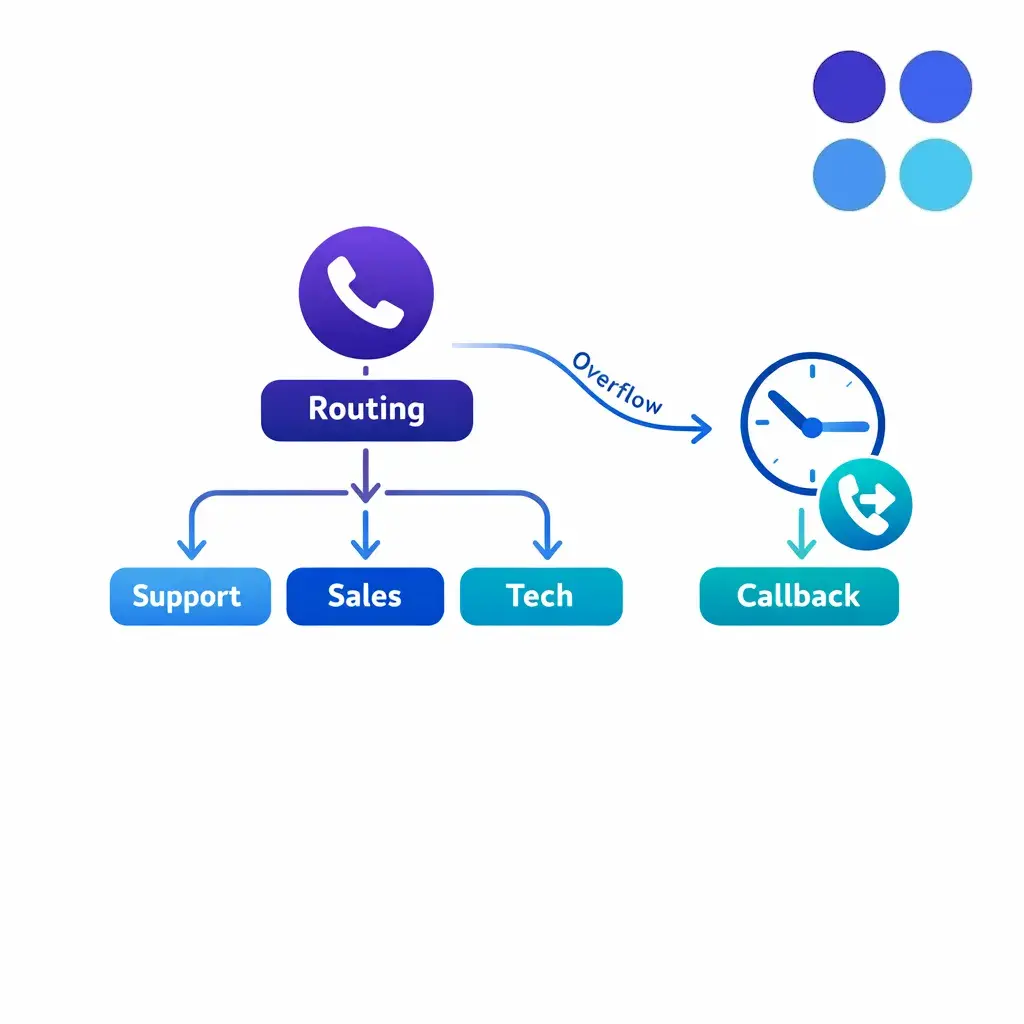 A routing map shows callers reaching the right skill group or taking a callback path during a surge.