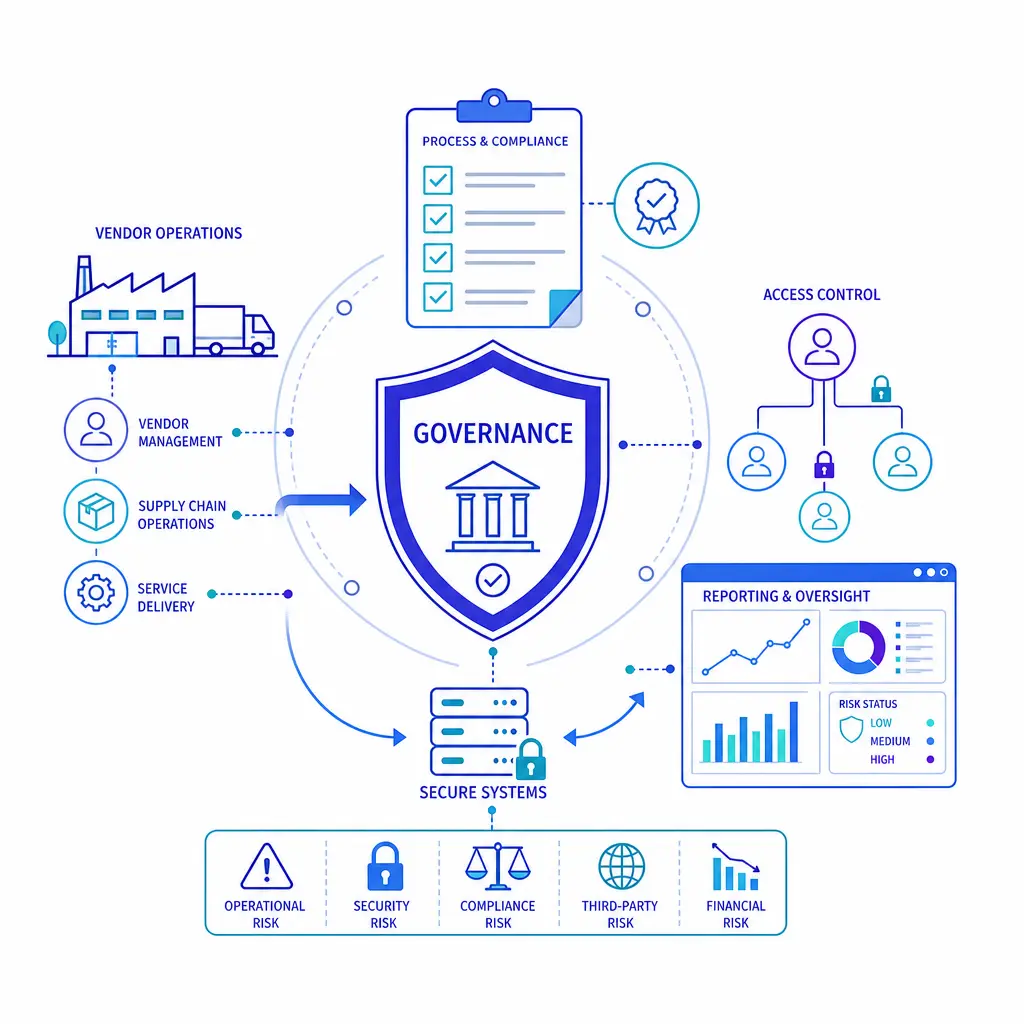 A shield, checklist, and reporting dashboard show governance over outsourced workflows and sensitive data.