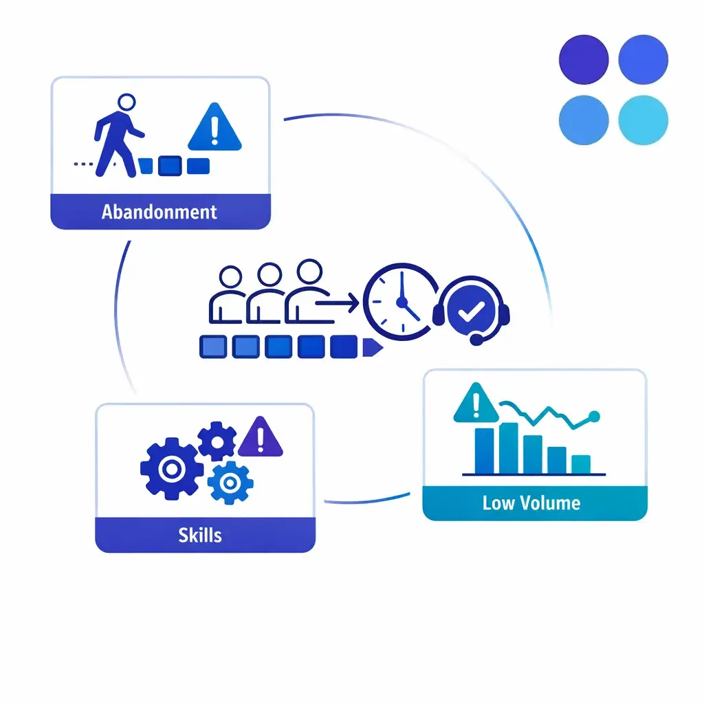 A central queue model is surrounded by exceptions like abandonment, multi-skill routing, and low volume.