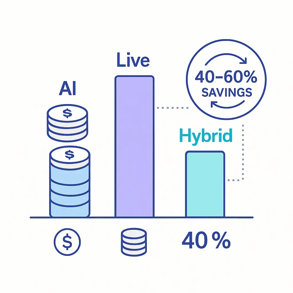 Bar chart with coin stacks comparing AI low cost, live high cost and hybrid moderate cost reception options and savings.