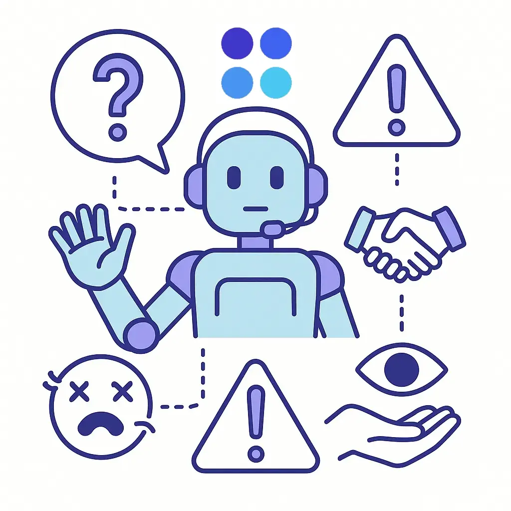 Central robot with icons representing concerns like questions and warnings alongside handshake and eye icons for transparency and oversight.