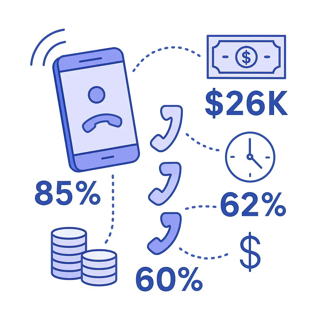 Infographic with ringing phone, money, clocks and percentage labels 85%, $26K, 62%, and 60% showing cost of missed calls.