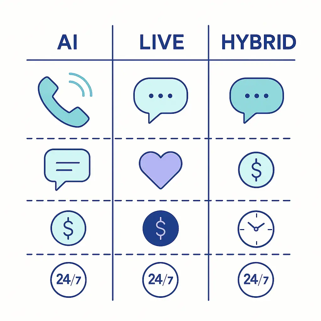 Matrix comparing AI, live, and hybrid reception options across call volume, empathy, cost and 24/7 availability with icons.