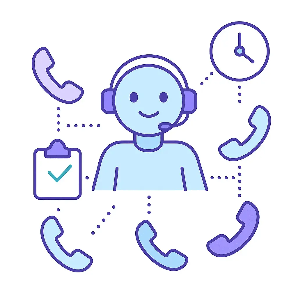Robot headset managing multiple calls with clipboard and clock icons connected by dotted lines highlighting unlimited calls and 24x7 service.