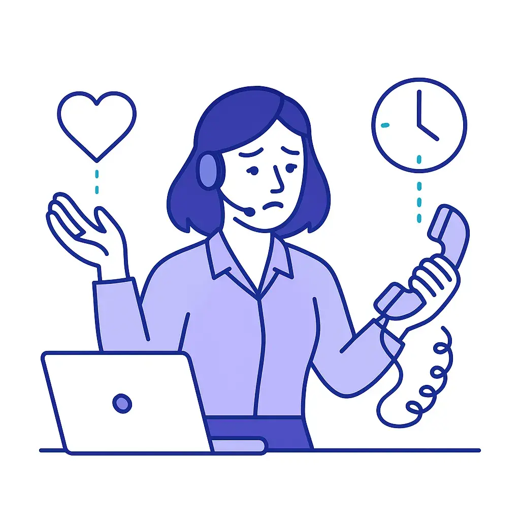 Human receptionist juggling a single phone call with heart and clock icons reflecting empathy and limited coverage.