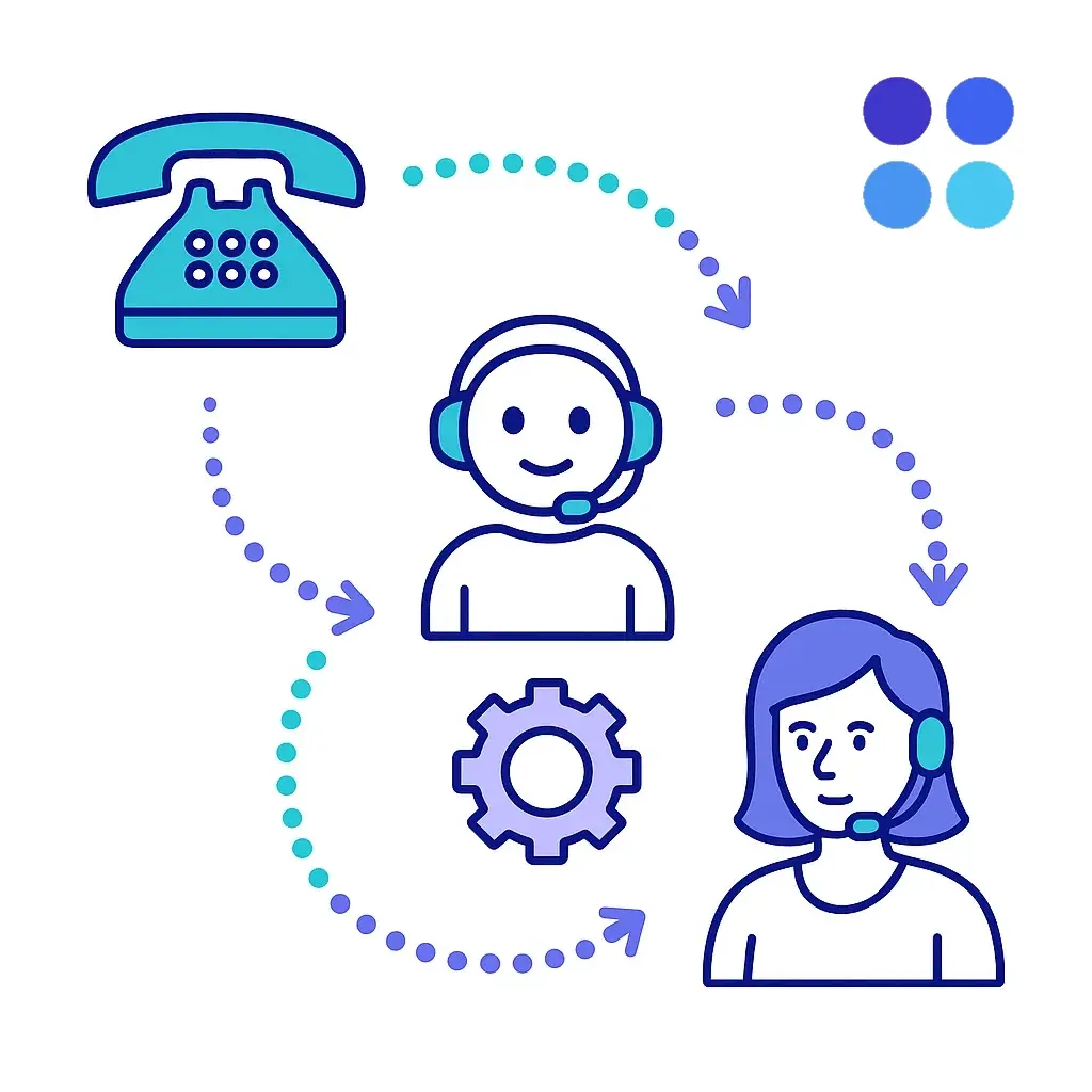Flow diagram showing a phone call routed through AI to a gear and then escalated to a human agent with dotted arrows.