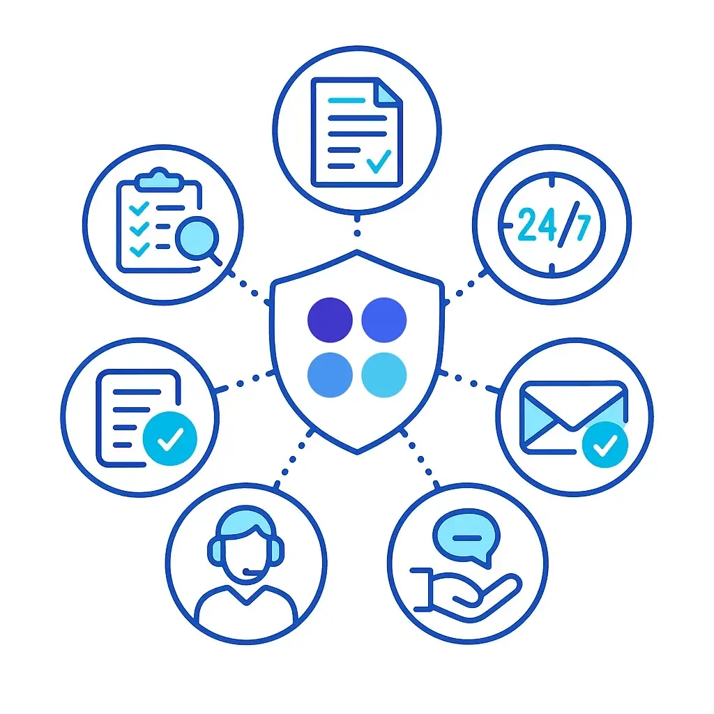 Shield with check mark surrounded by icons of checklists, documents, 24/7 clock, headset, email and support handshake.