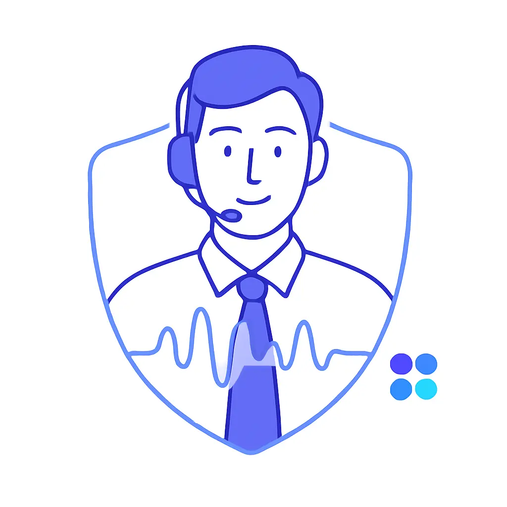 A call center agent surrounded by a shield and waveform, symbolizing voice biometric protection.
