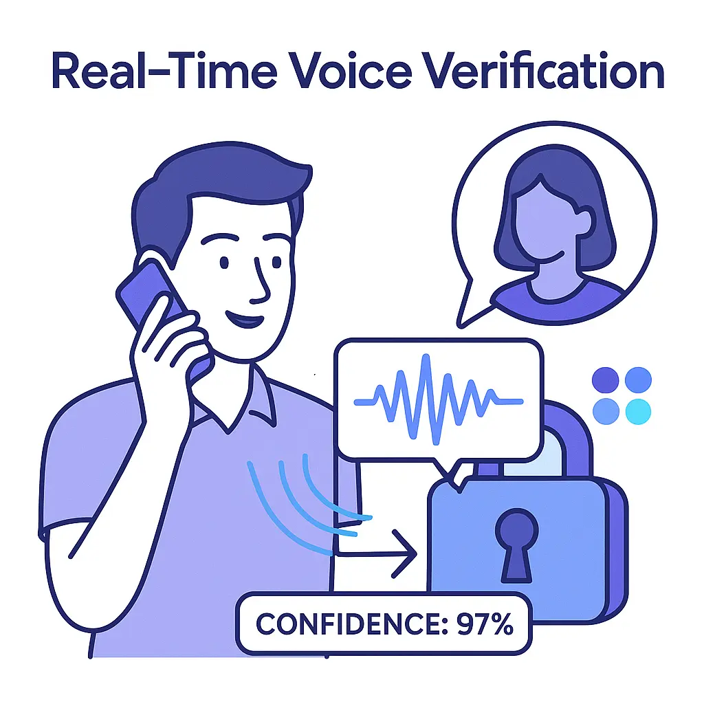 A caller on the phone while their voice is analyzed with a 97% confidence score.