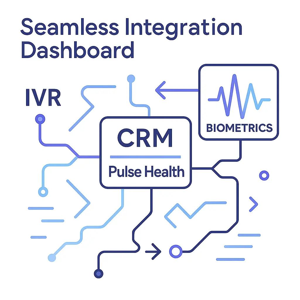 A visual dashboard linking IVR, Pulse Health CRM, and biometric systems with directional lines.