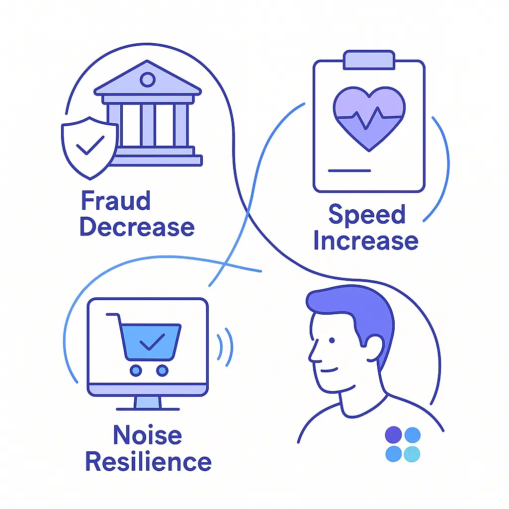 A flow diagram showing fraud decrease in banking, speed increase in healthcare, and noise resilience in e-commerce.