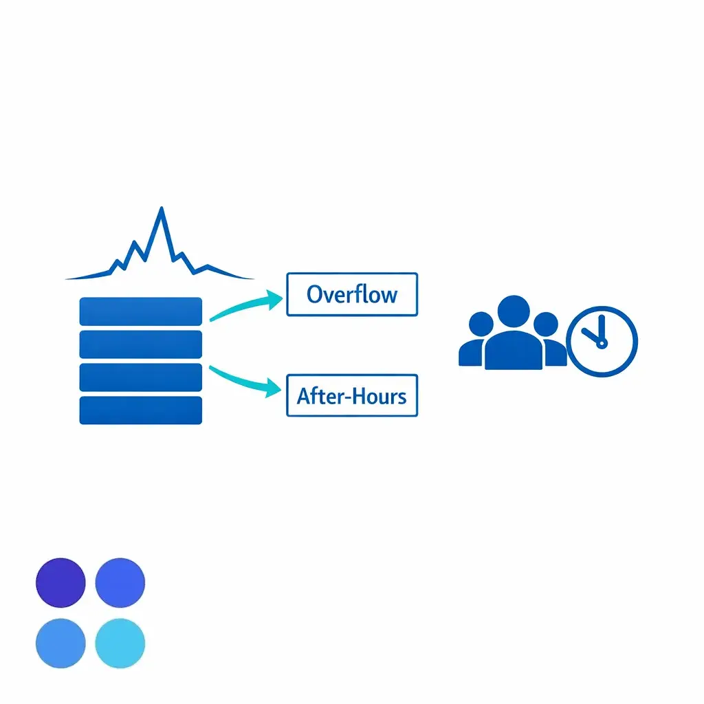 A clock and call queue show routing from peak overflow and after-hours to a coverage team.