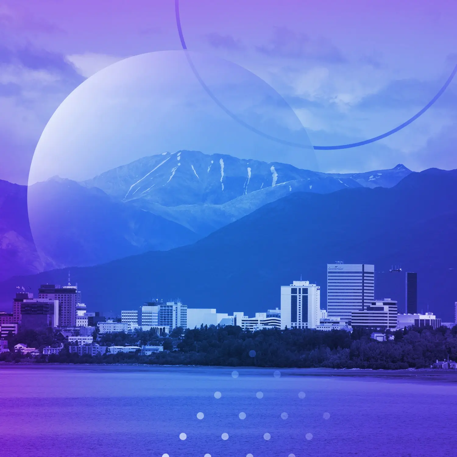 Anchorage skyline with mountains and water, overlaid with purple and blue gradient graphics.