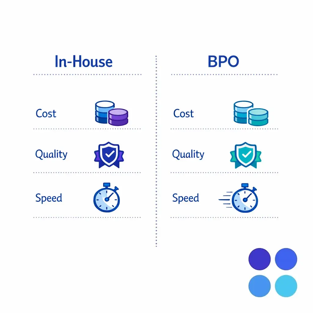 Two clean columns compare BPO and in-house support with cost, quality, and speed icons.