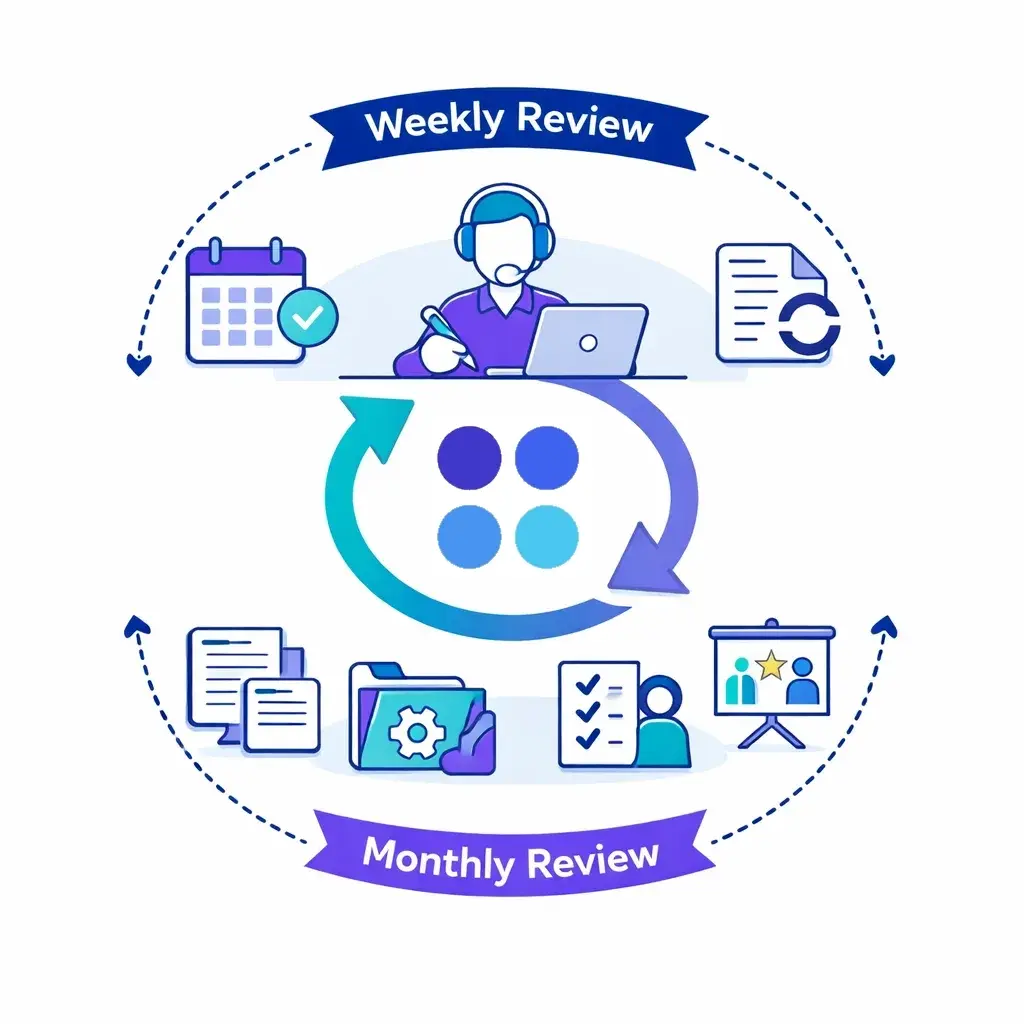 Circular diagram shows a weekly review with a person and calendar and a monthly review with policy updates and training to maintain the knowledge base.