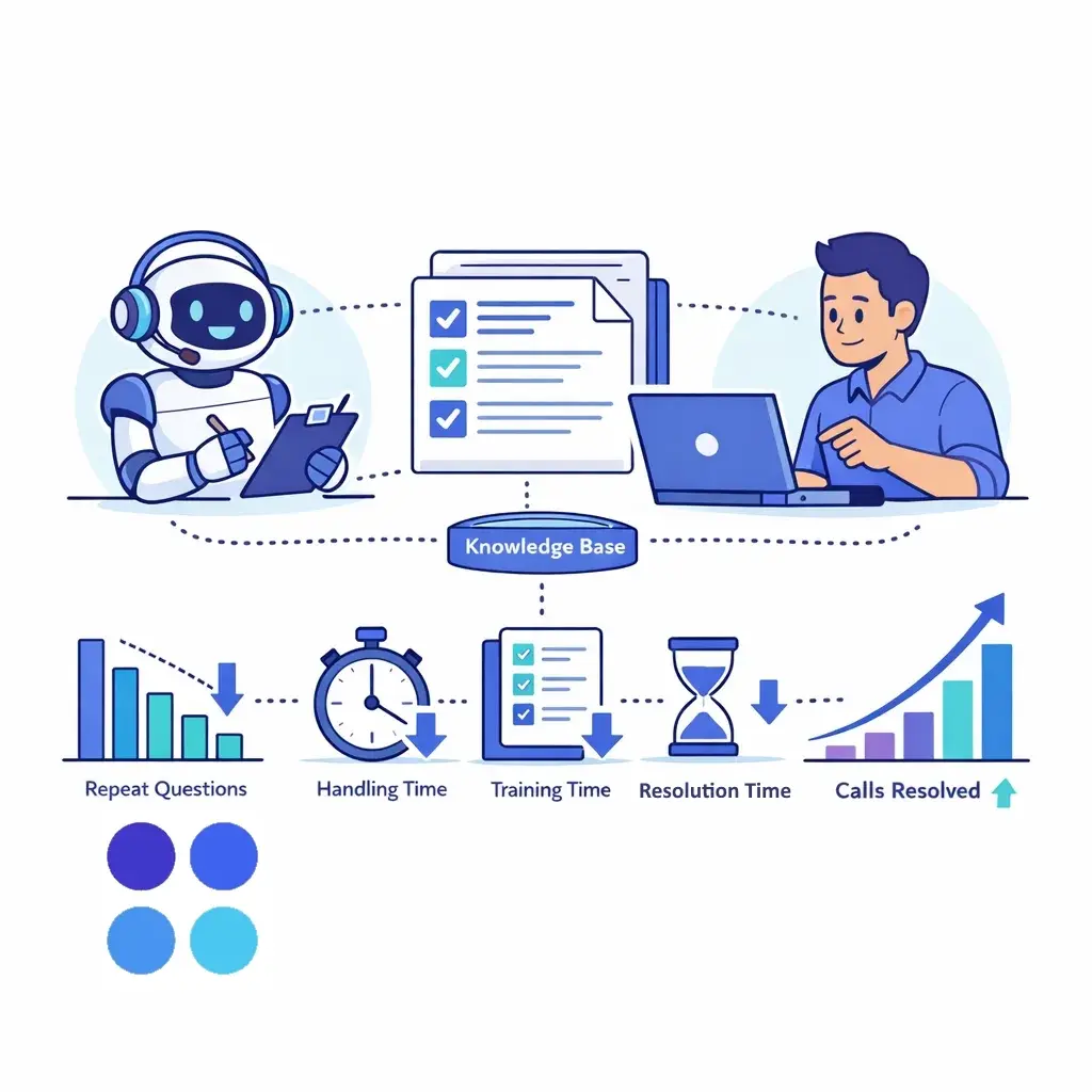 AI robot and human collaboratively update a knowledge base with charts below showing decreases in repeat questions, handling time, training time and increased call resolutions.