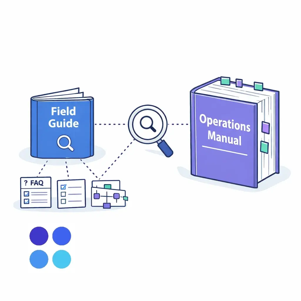 A field guide filled with FAQ cards contrasts a large operations manual, showing how a living knowledge base is more concise.