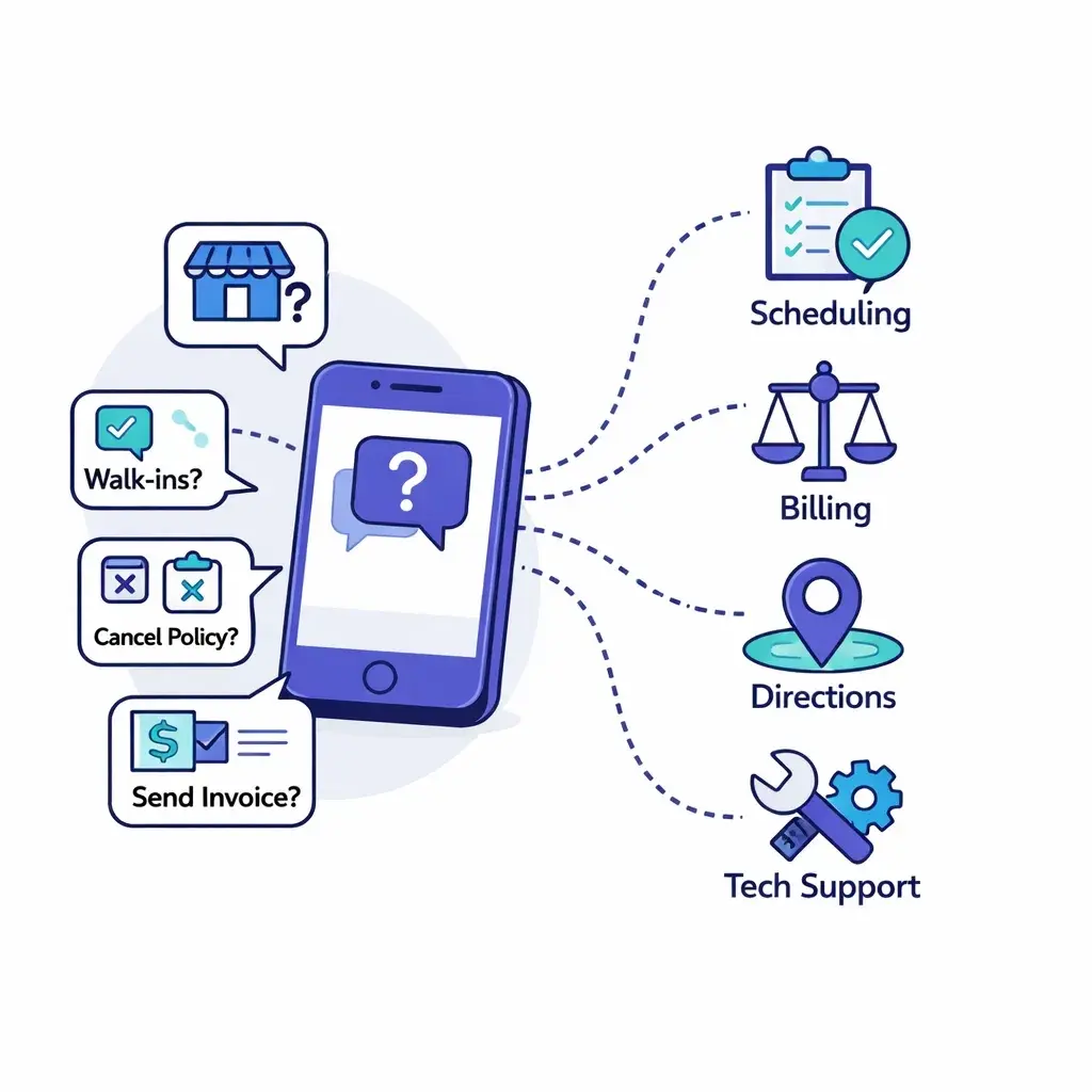 Central phone icon with dotted lines connecting to icons of common customer questions and categories, illustrating calls as the outline.