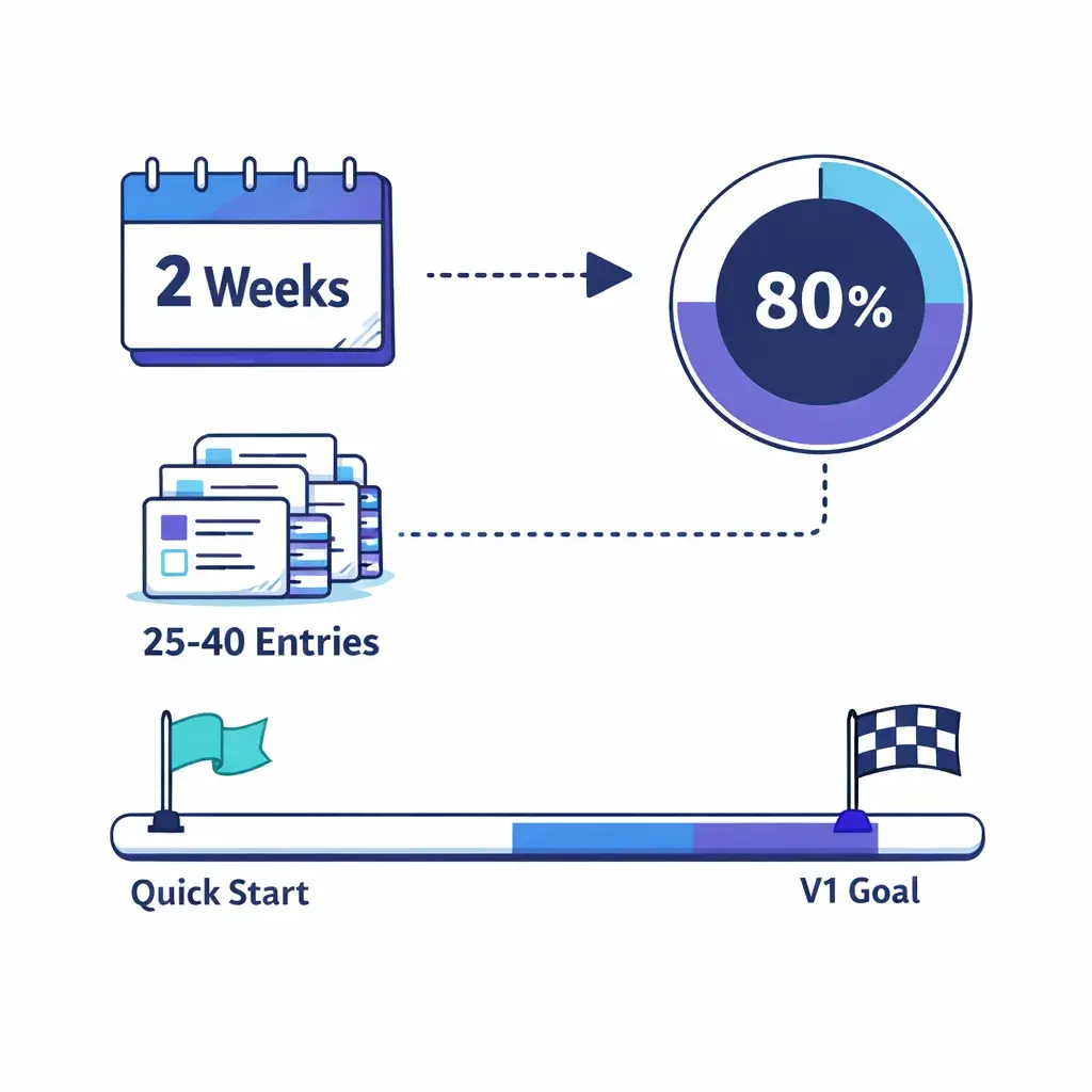 Diagram features a two week calendar, 25 to 40 entries and an 80 percent goal on a progress bar, showing how to start small.