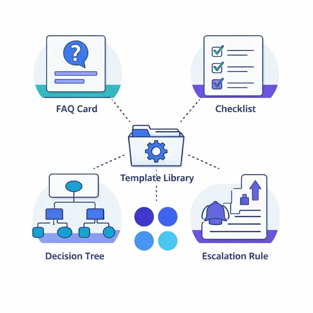 Grid shows FAQ card, checklist, decision tree and escalation rule connected to a template library, illustrating concise knowledge templates.