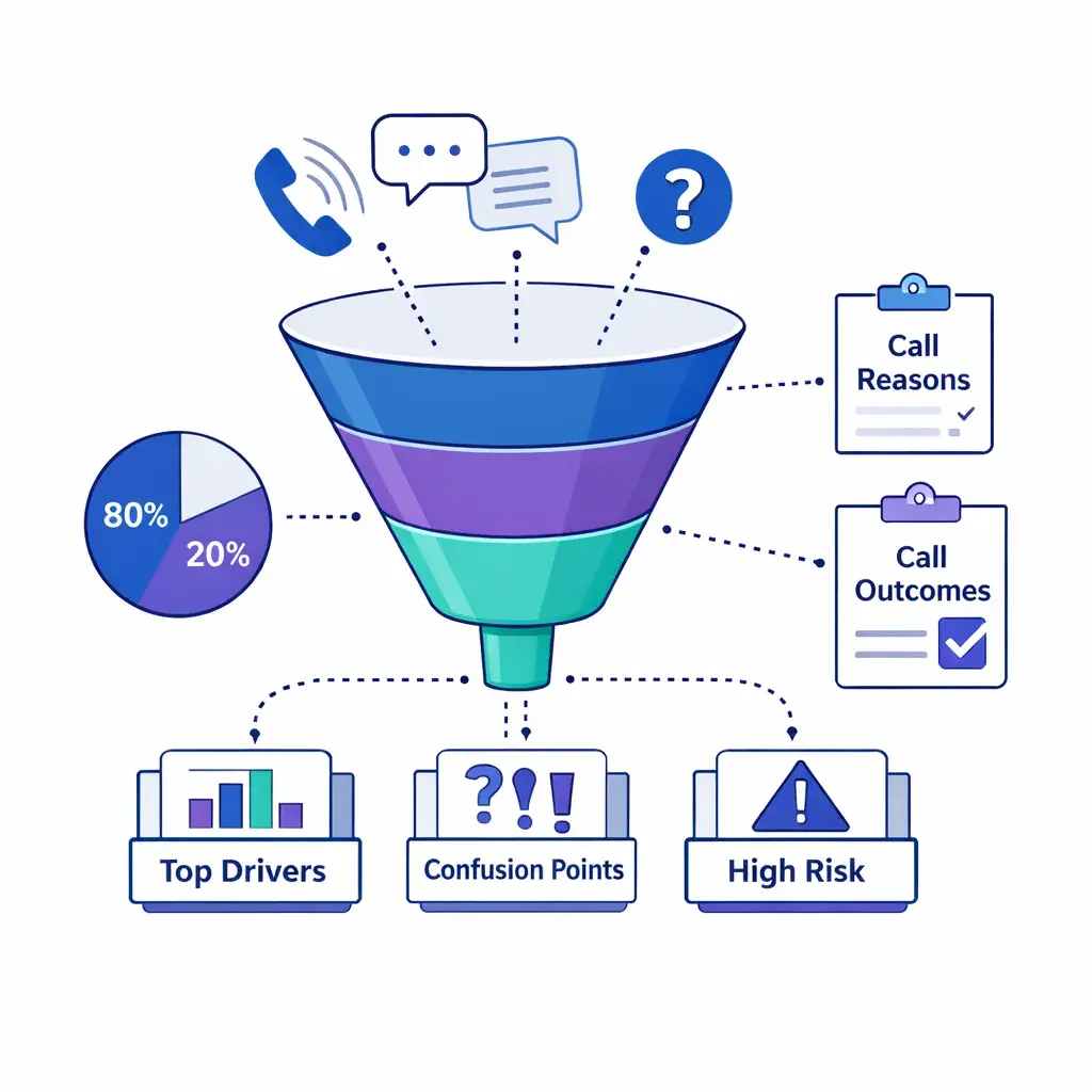A funnel filters call reasons into buckets for top drivers, confusion points and high risk topics, supported by an eighty twenty pie chart.