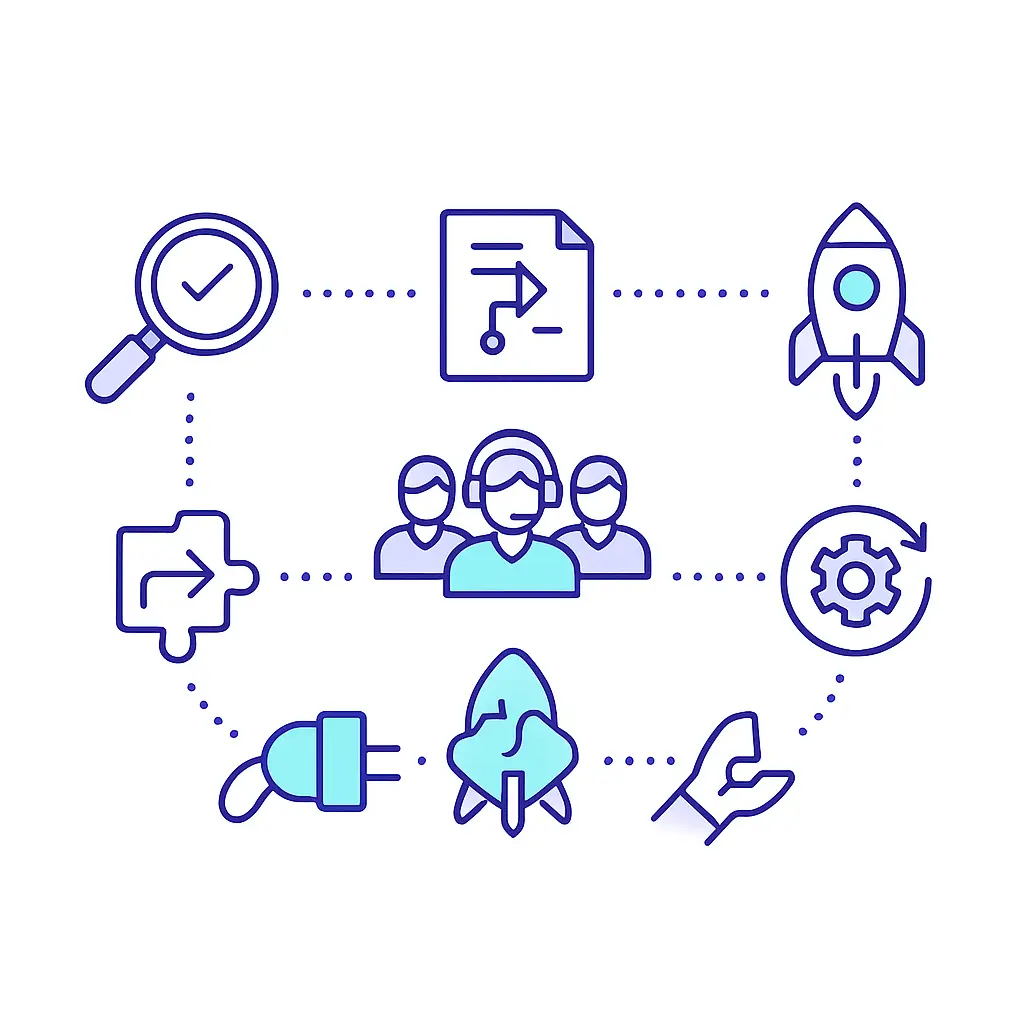 Curved timeline with icons for discovery, scripting, integration, staffing, launch, and continuous optimization.