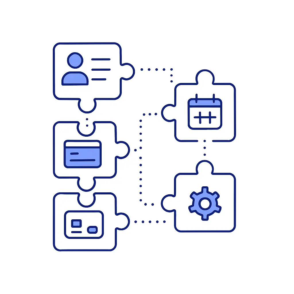 Puzzle pieces connected by dotted lines for CRM, calendar, payments, and app integrations enabling seamless data flow.