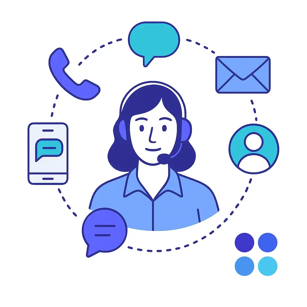 Illustration of a support agent surrounded by icons for phone, chat, email and text messaging connected by dotted lines.