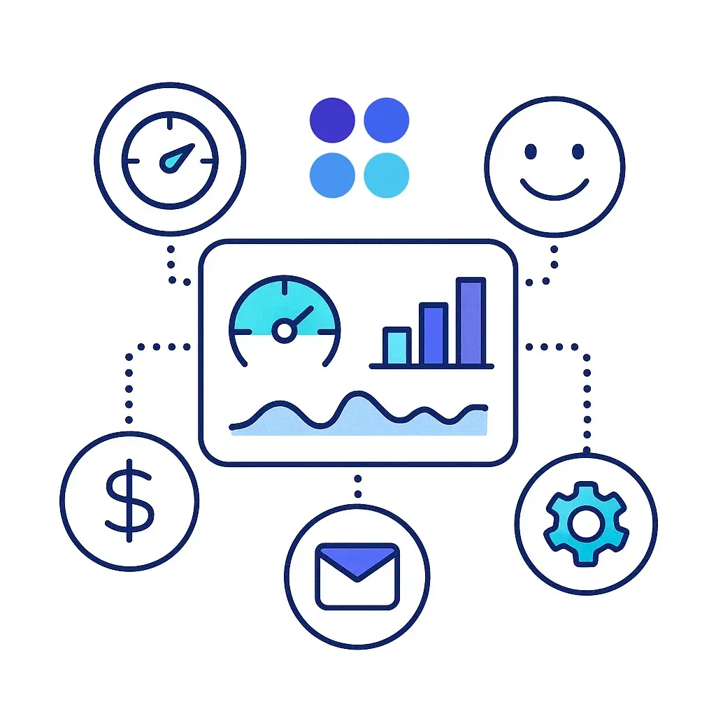 Dashboard panel with charts linked by dotted lines to icons representing speed, satisfaction, revenue and operations.