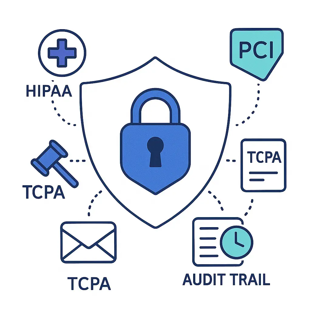 Shield with padlock surrounded by icons for HIPAA, PCI, TCPA and audit trail compliance.