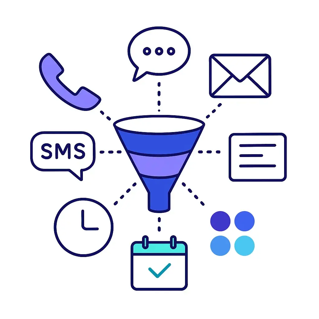 Funnel graphic capturing calls, chat, SMS and forms leading down to a calendar appointment icon.
