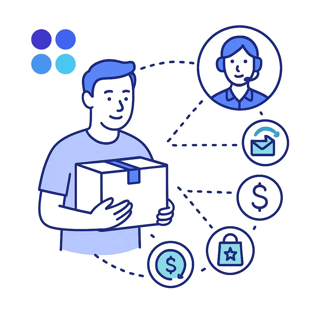 Customer holding a package linked by dotted lines to support agent and icons for returns, refunds and upsells.