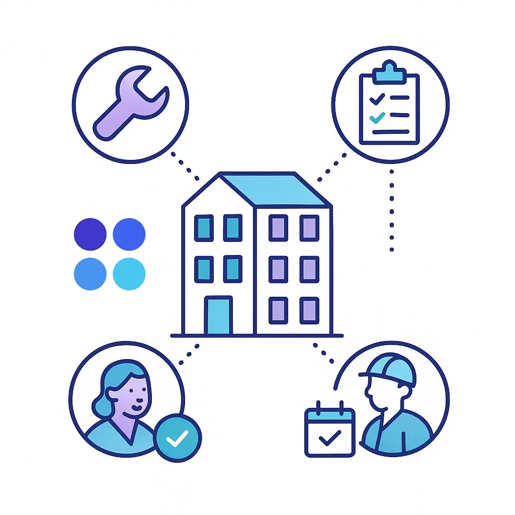 Apartment building with dotted lines to wrench, checklist and technician calendar icons for maintenance triage.
