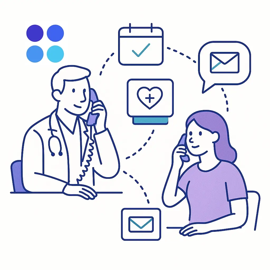 Doctor talking to a patient by phone with dotted lines to appointment, medical and message icons.