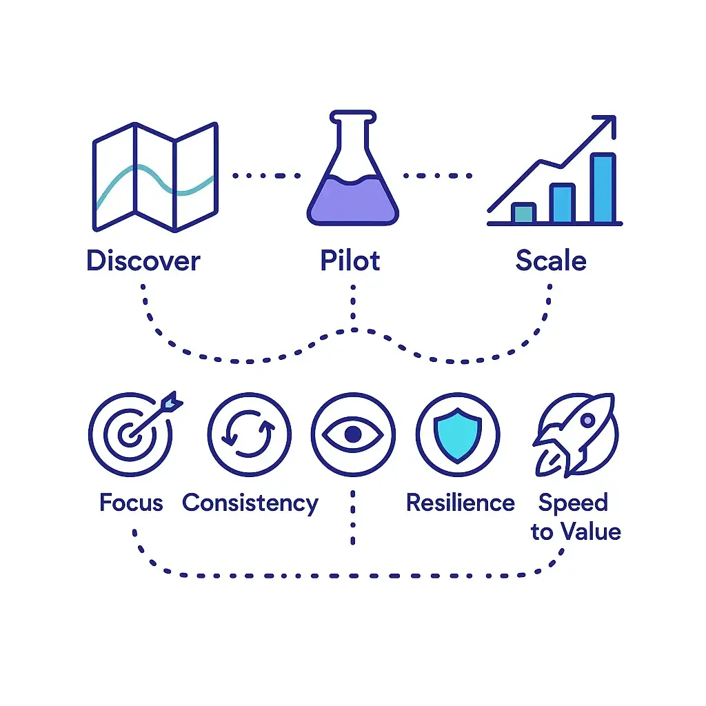 Infographic showing discover, pilot and scale phases with icons for focus, consistency, visibility, resilience and speed to value.