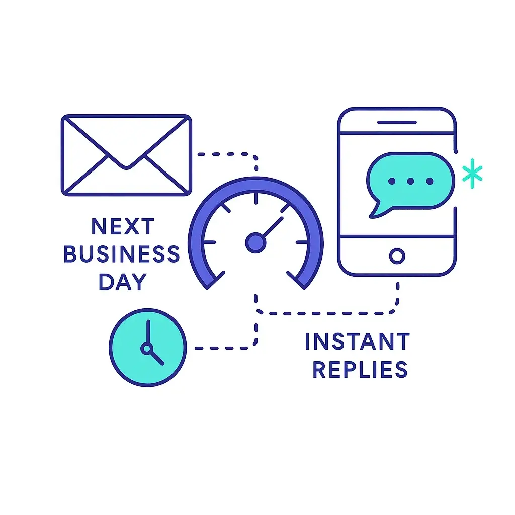 Timeline graphic showing transition from mail and slow responses to smartphone and instant replies with a speed gauge.