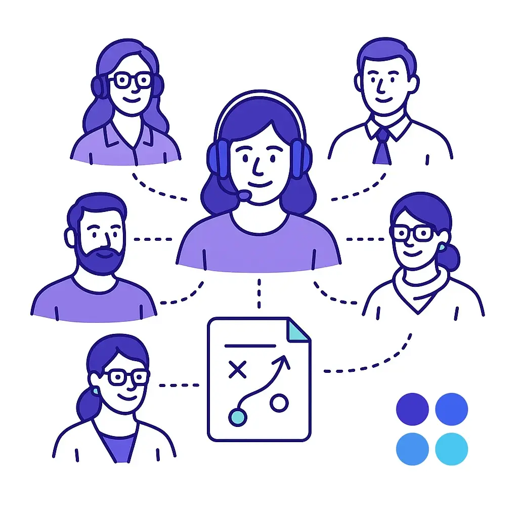 Group of diverse customer service agents linked by dotted lines to a playbook icon, representing standardized training.