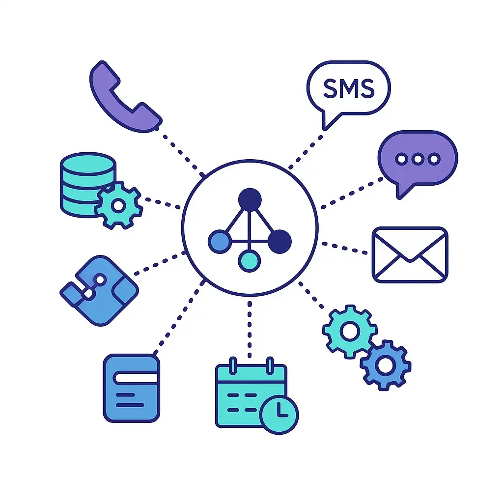 Central hub connecting icons for voice, SMS, chat, email and CRM integrations via dotted lines.