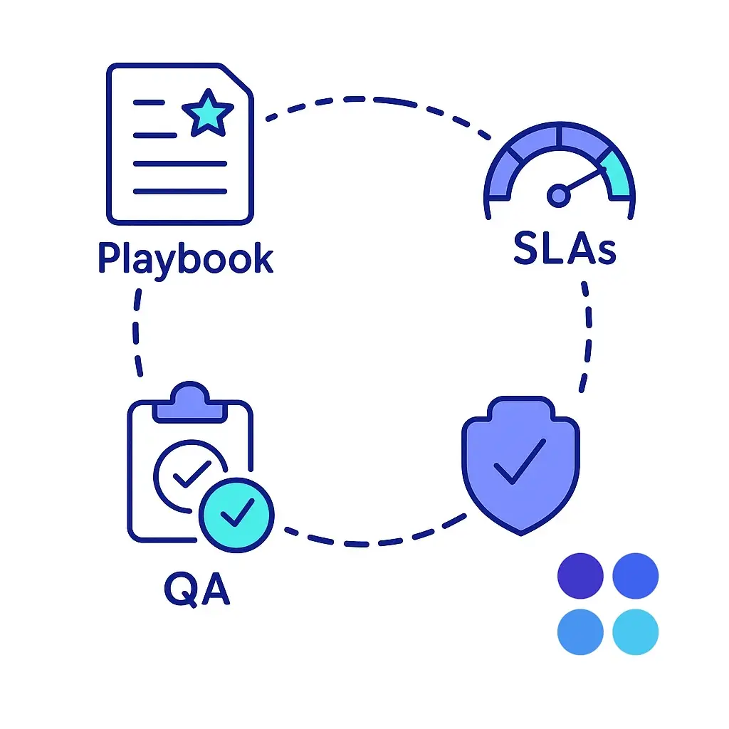 Circular flow chart linking playbook, SLA speedometer and QA clipboard icons with dotted arrows.