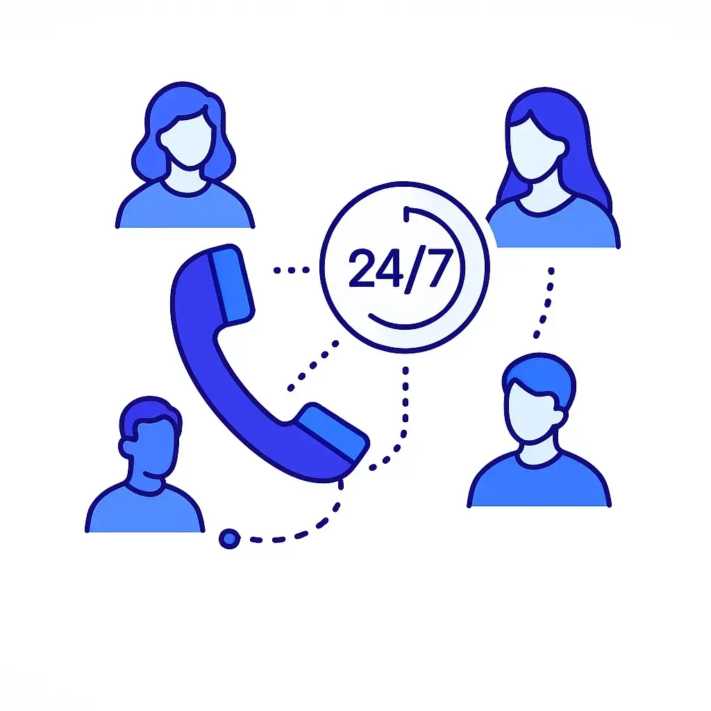 Phone handset connected to a 24/7 clock and customer icons via dotted lines representing continuous voice coverage.