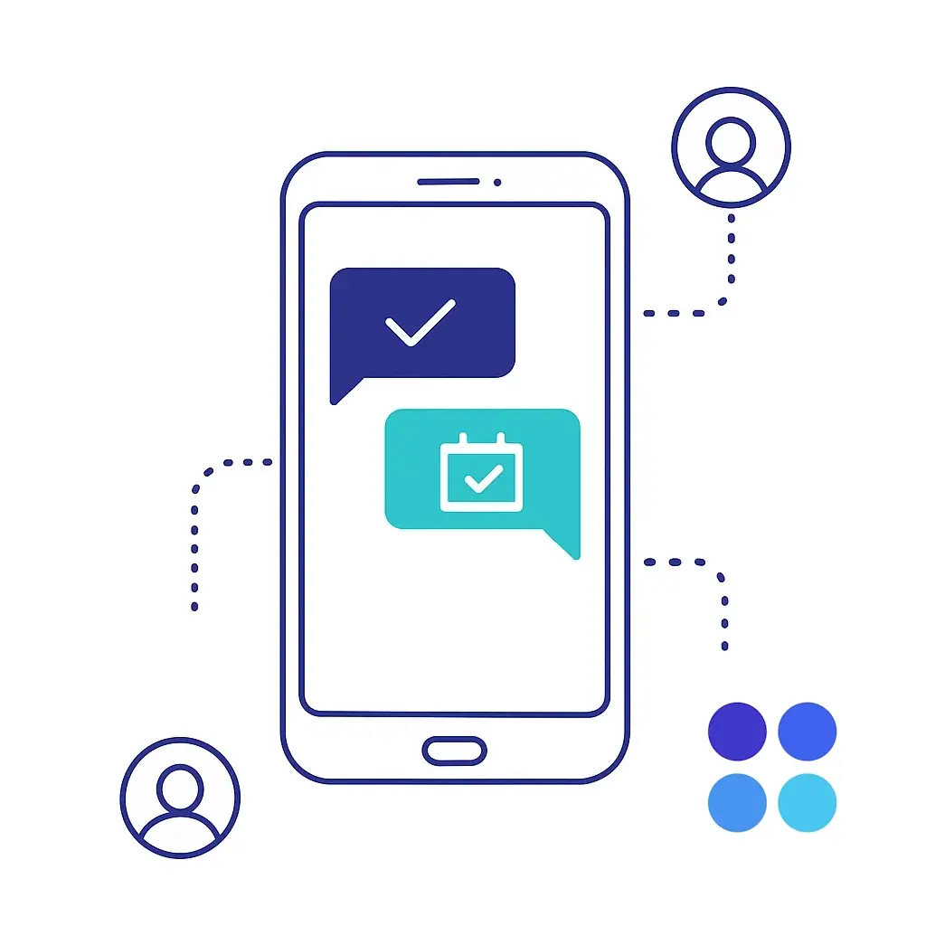 Smartphone with chat bubbles for appointment reminders and message flow linked to customer icons.