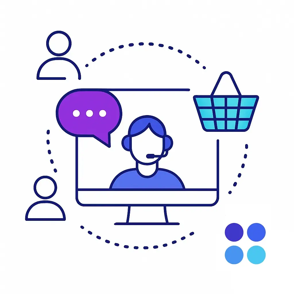 Computer monitor with an agent, chat bubble and shopping basket connected by dotted lines.