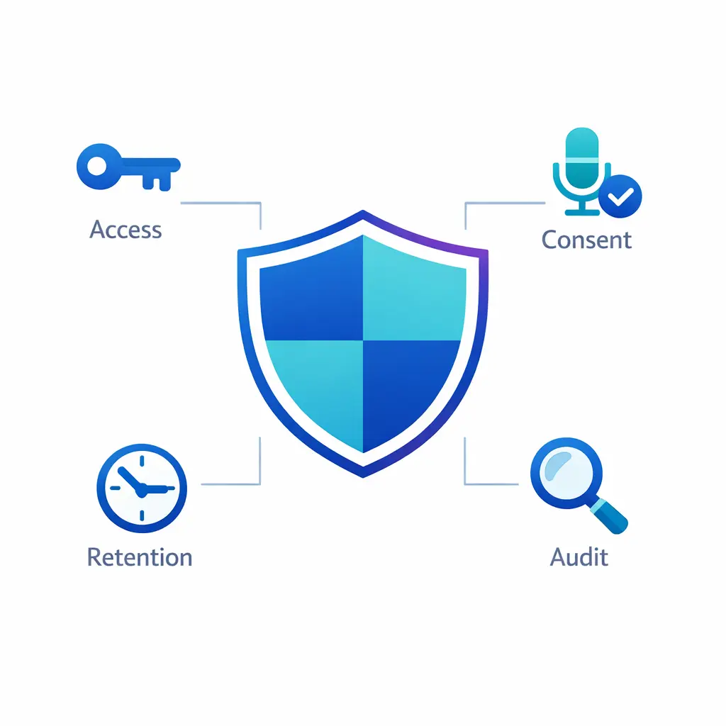 A shield and checklist illustrate role-based access, recordings consent, retention, and audits.