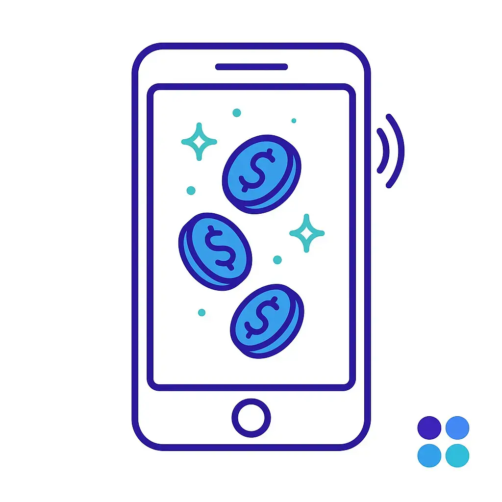 A smartphone outline containing three floating dollar coins and sparkles to represent money lost through missed calls.