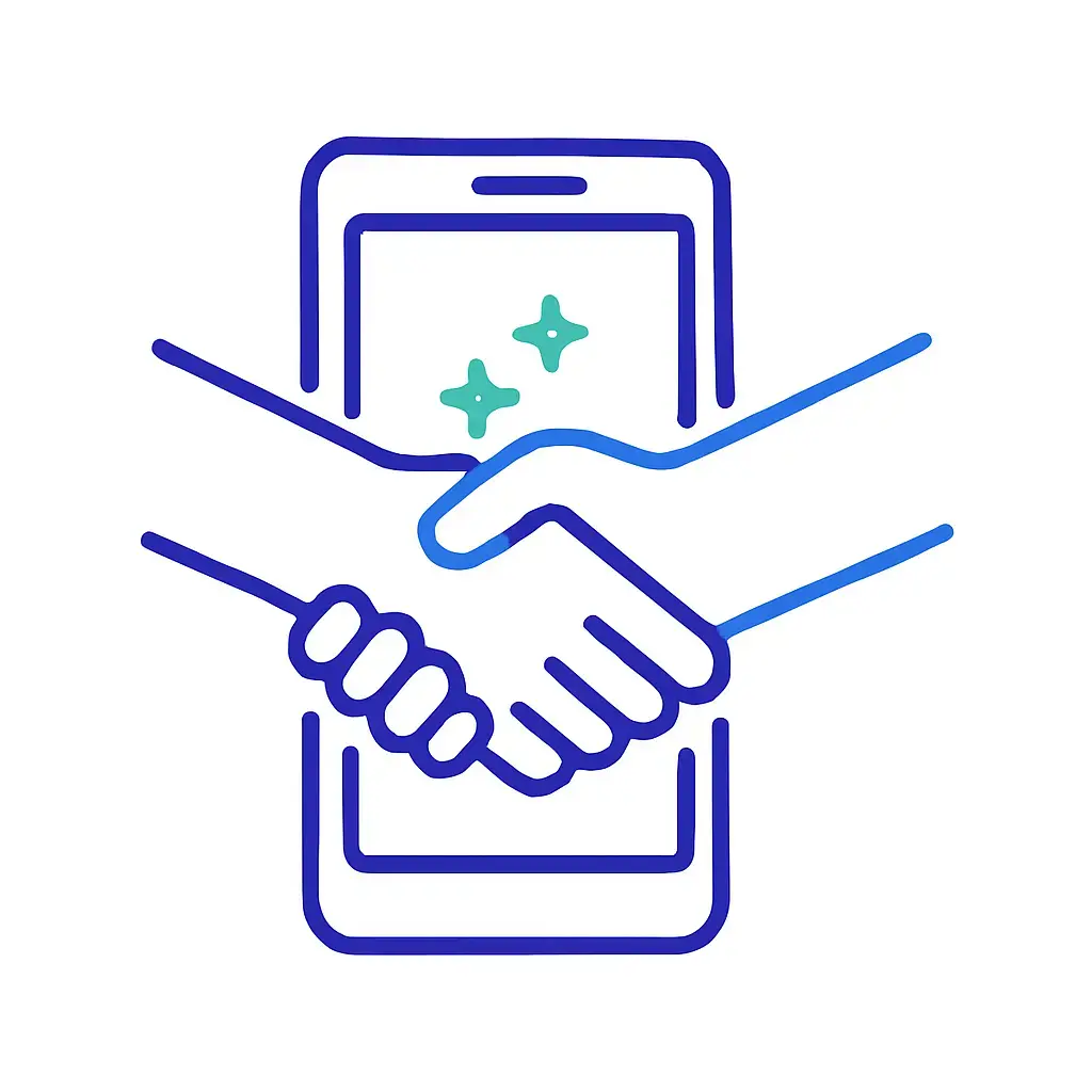 Two hands shaking in front of a smartphone screen to symbolize building partnerships and trust through successful call interactions.