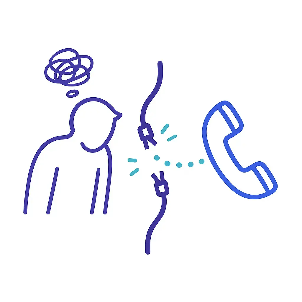 A person silhouette with a tangled thought bubble next to two unplugged cable ends leading to a ringing phone, representing the frustration and chaos from dropped connections.