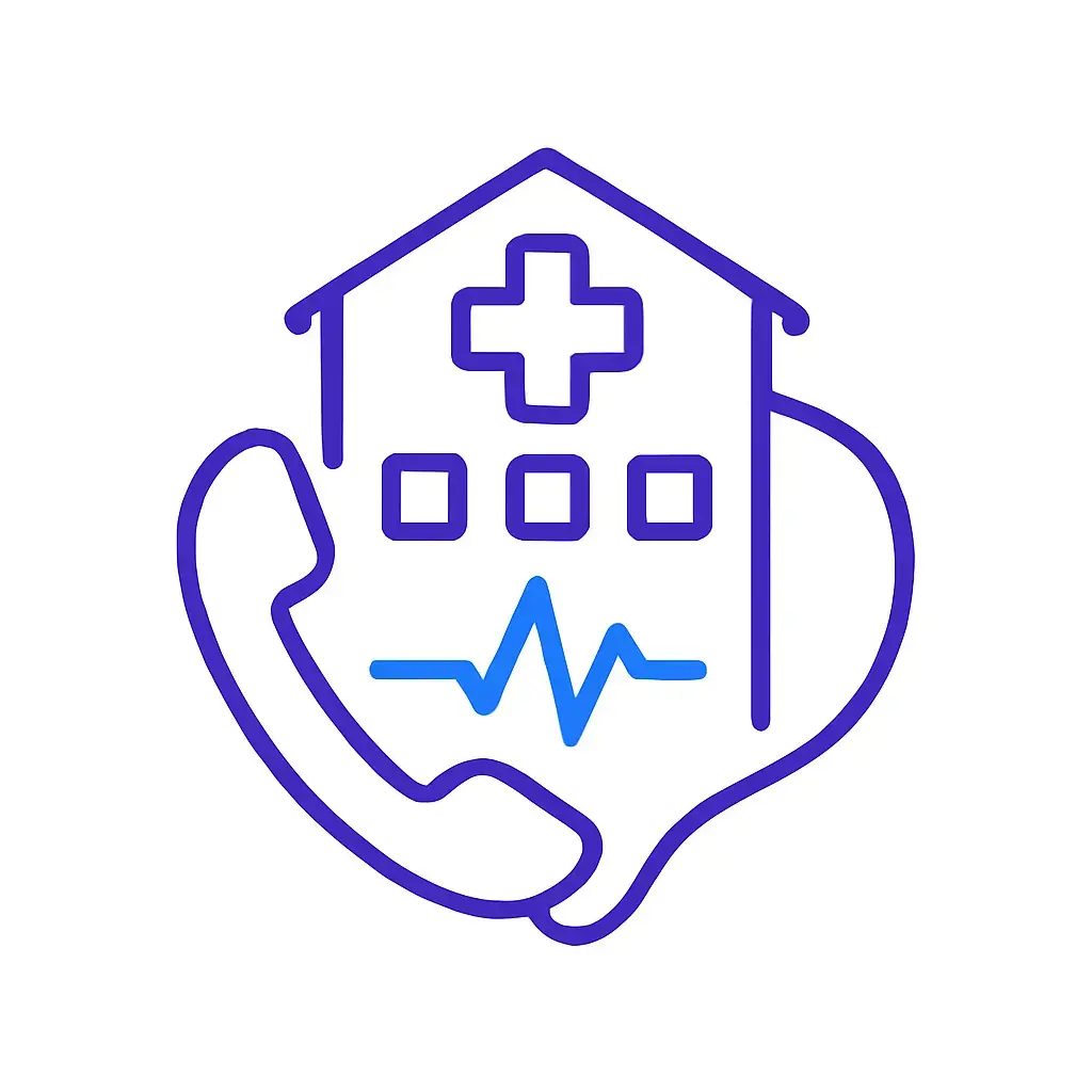 A hospital building icon connected by a stethoscope-like phone cord forming an EKG waveform, illustrating the link between healthcare facilities and telephone support.